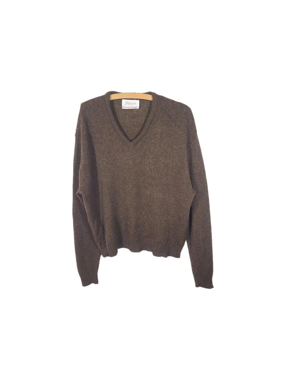 Vtg 70s Oversize Wool Sweater Mens XL Jantzen Scotch Tumbler Brown Knit Preppy
